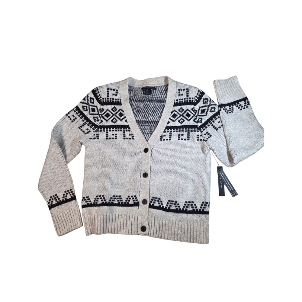 Tahari Beige Black Tribal Geometric Button Down Chunky Cardigan Sweater L NWT